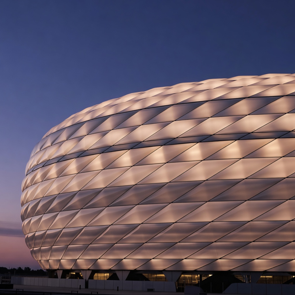 Illustration of a rounded stadium shell clad in inflated translucent cushions glowing at dusk