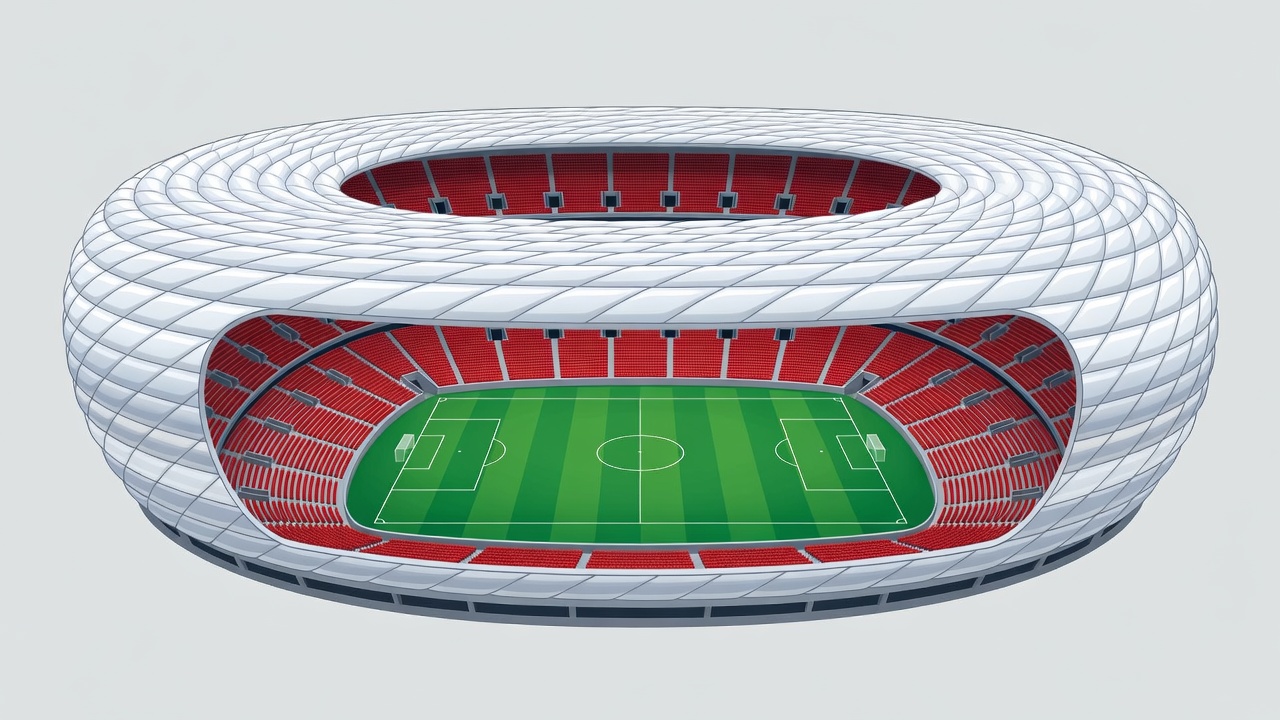 Poster-style illustration of a rounded stadium clad in inflated translucent panels, cut away to show three steep continuous seating tiers around a pitch