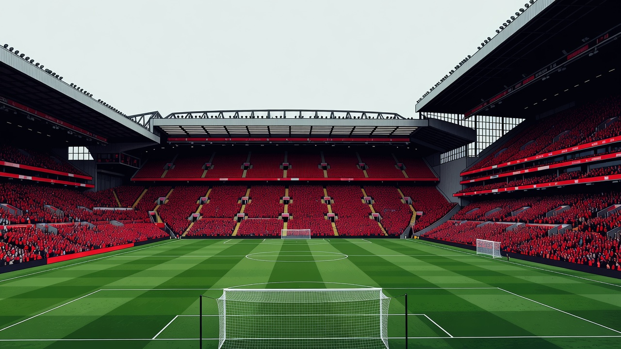 Poster-style illustration of a four-stand football ground with a deep single-tier stand behind one goal and taller stacked tiers along one side