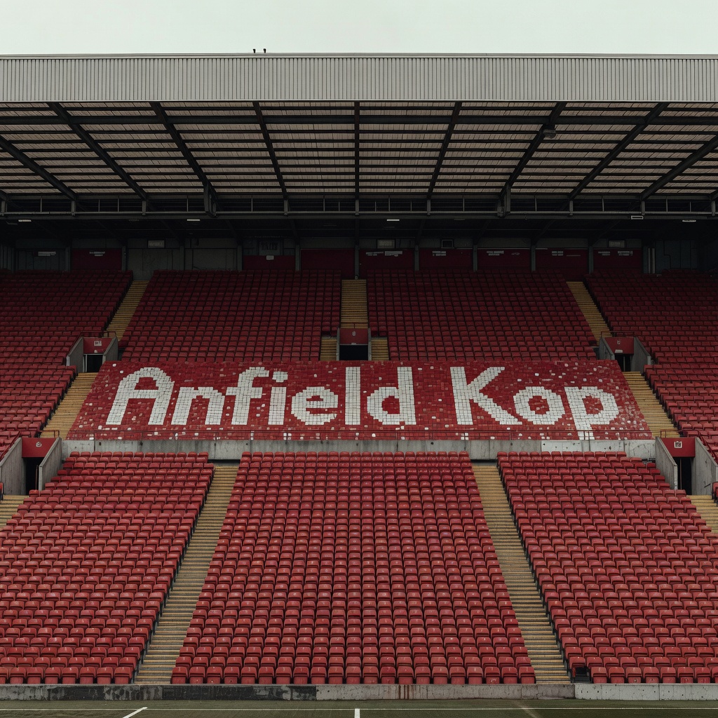 Illustration of a single-tier stand behind a goal with a deep flat roof and tightly packed rows