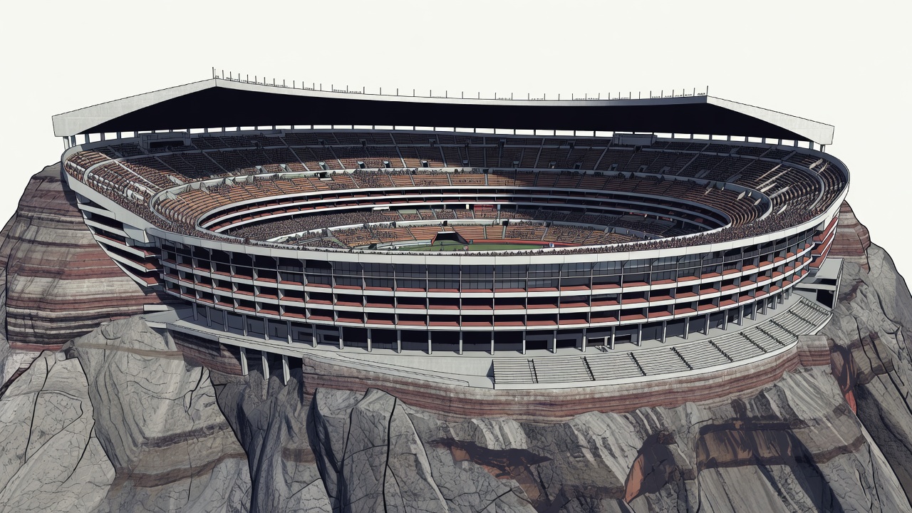 Poster-style illustration of a deep continuous stadium bowl sunk into rock, with two very steep tiers separated by a ring of boxes and a cantilevered roof over the upper deck