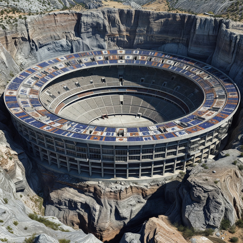 Illustration of a continuous two-tier stadium bowl sunk into rock with a ring of boxes between the tiers