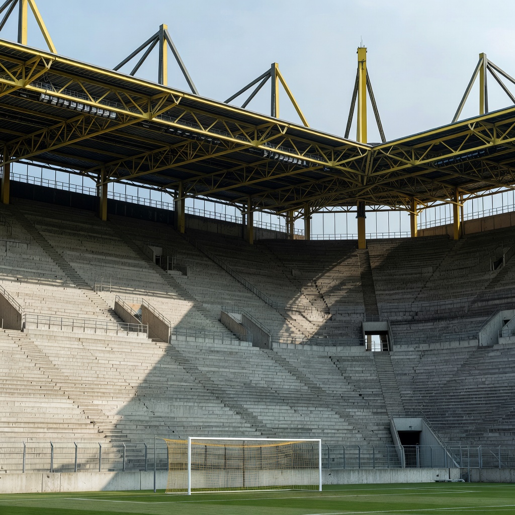 Illustration of a vast standing terrace rising steeply behind a goal beneath a roof carried on external pylons