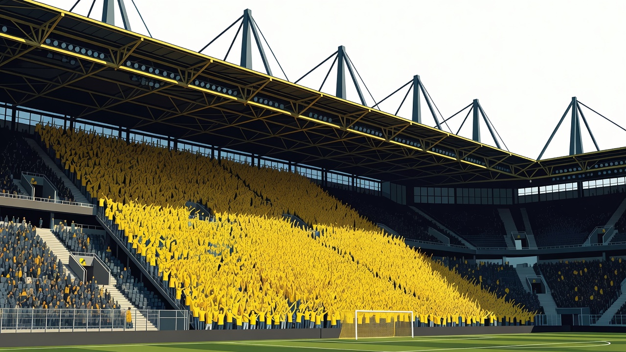 Poster-style illustration of an enormous steep standing terrace behind a goal, with a stadium roof carried on tall external pylons