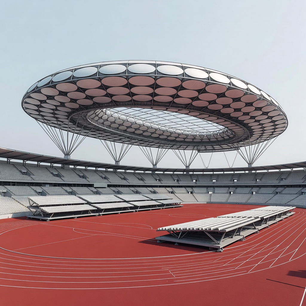 Illustration of an elliptical floating stadium roof above a running track and a lower tier on movable platforms