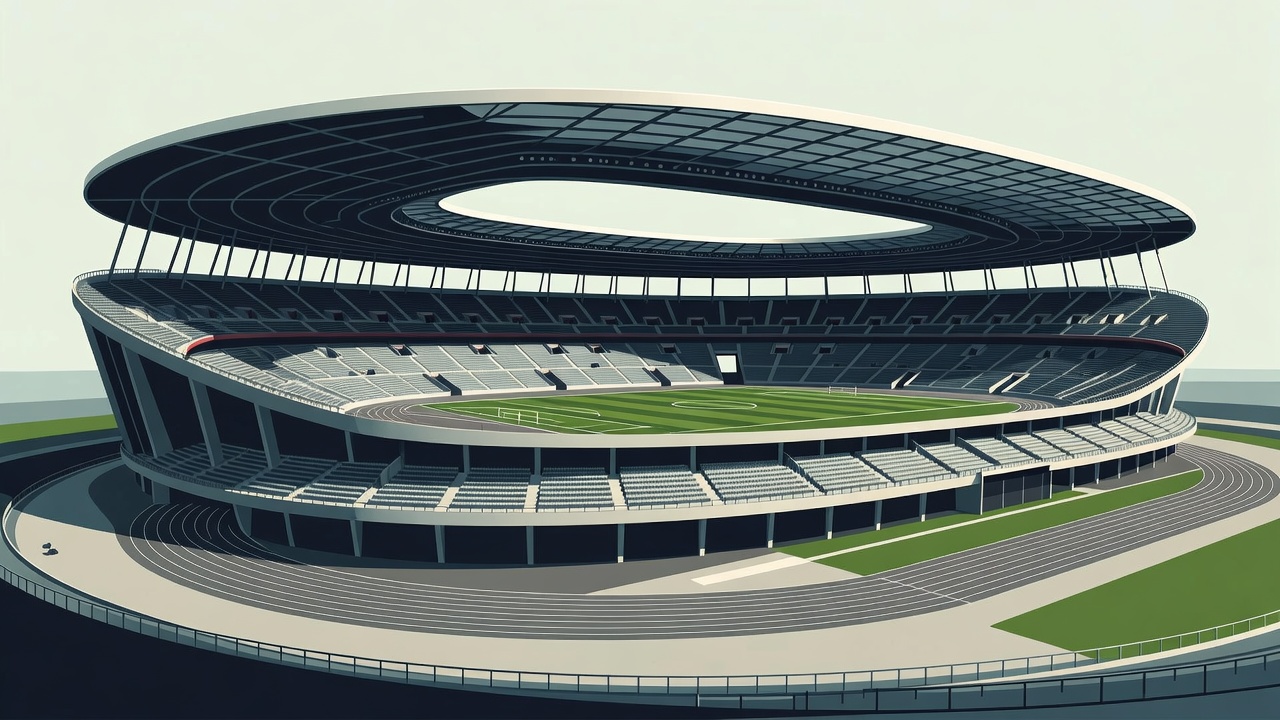 Poster-style illustration of a large elliptical stadium with a flat floating roof over the stands, showing a lower tier positioned forward over a running track
