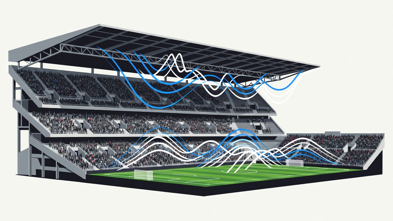 Poster-style illustration of a steep stadium bowl in cross-section, with a cantilevered roof over the stands and sound lines bouncing back towards the pitch
